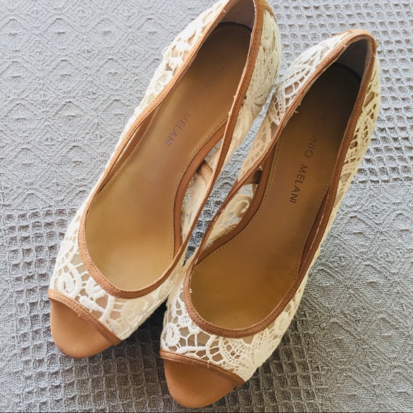 Antonio Melanie Tan & Ivory Lace Slip On Heels - Picture 2 of 8